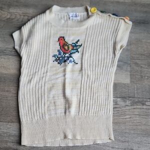 Cream Knit Top with Bird Embroidery